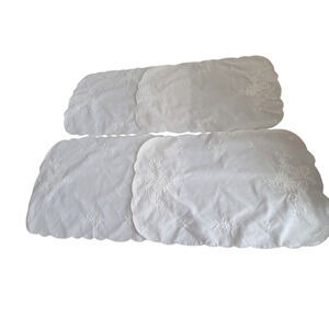 Vintage White Linen Doilies, Vanity Cloth, Dressers Scarf Embroidery Set of 4